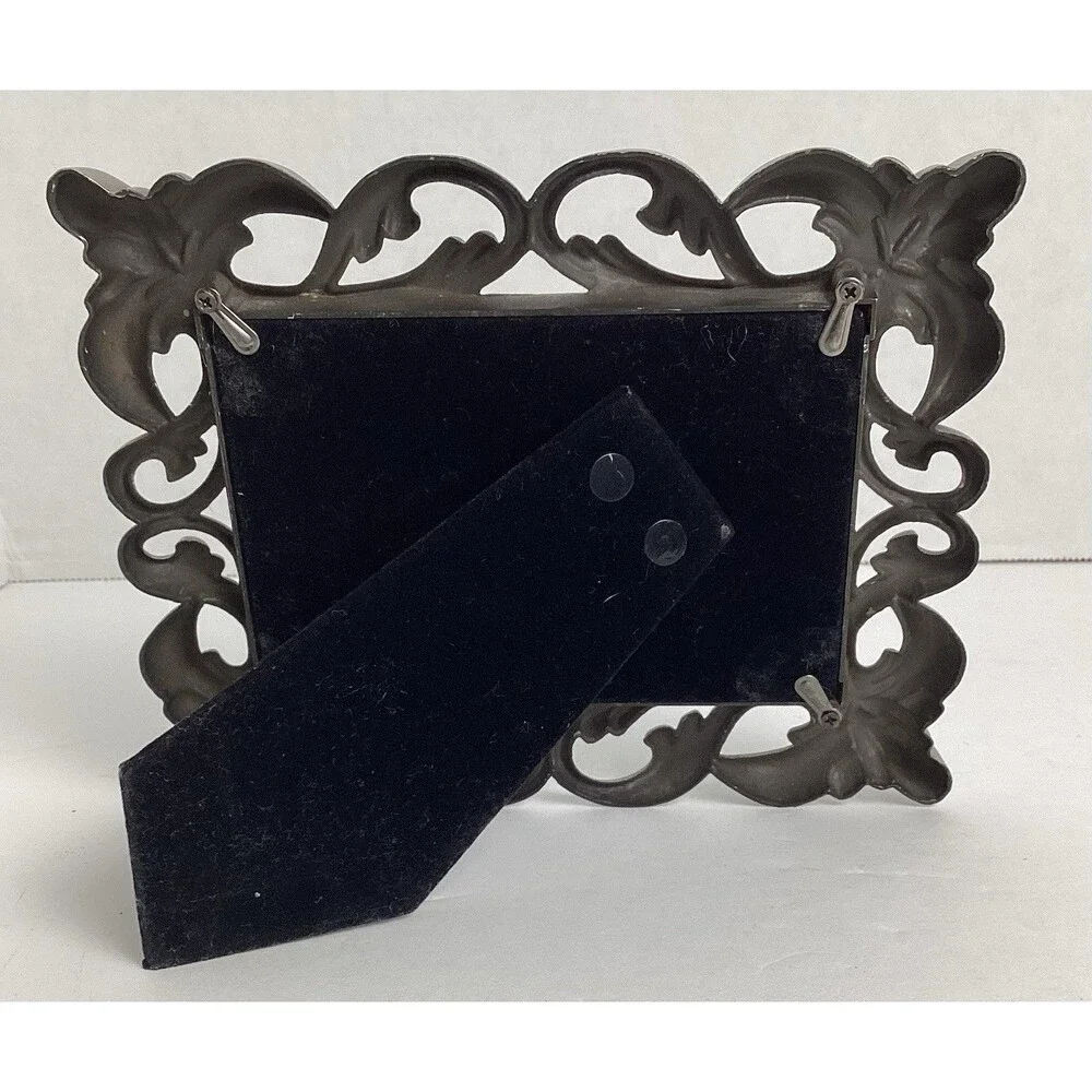 Metal Picture Frame Double Wallet Size Silvertone Ornate Scroll
